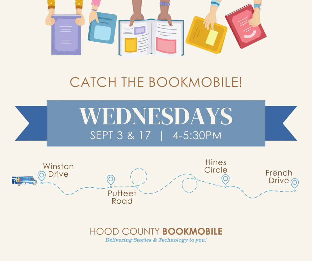 Catch the Bookmobile!
WEDNESDAYS
September 3 & 17, 4-5:30pm