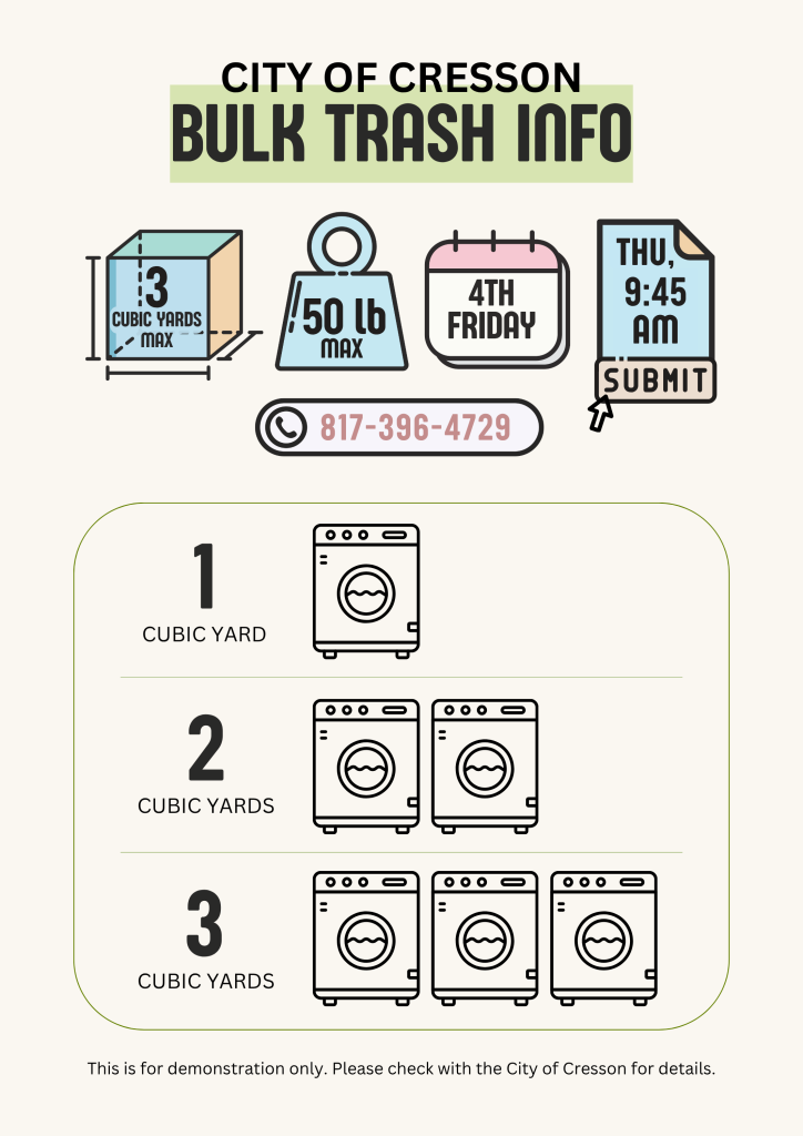 Bulk Trash Info
- 3 Cubic Yards xax
- 50lb max
- Every 4th Fri
- Submit by Thu, 9:45AM
Call: 817-396-4729