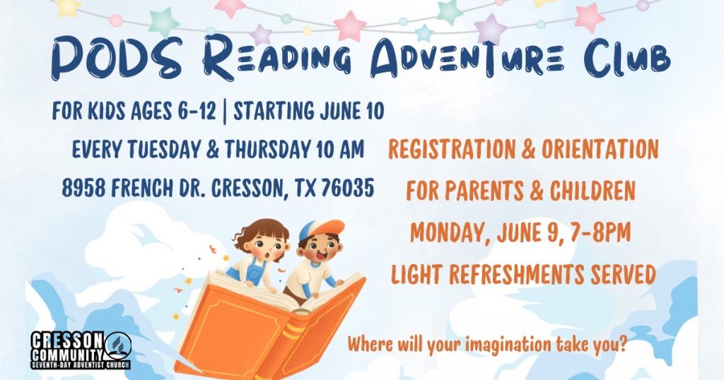 PODS Reading Adventure Club
For kids ages 6-12
Every Tuesday and Thursday, 10AM
*Parent Registration & Orientation on June 9, 7-8PM