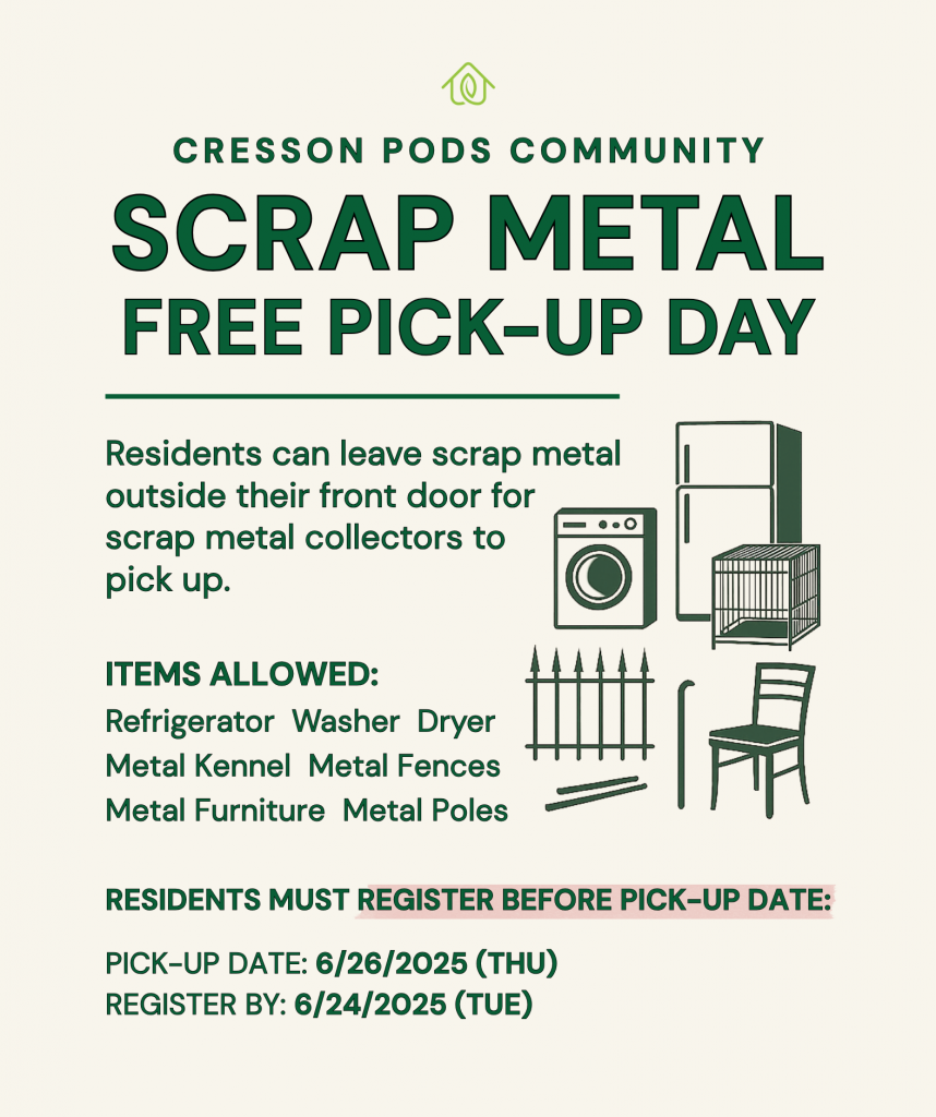 Cresson Pods Community
Scrap Metal FREE Pick-up Day