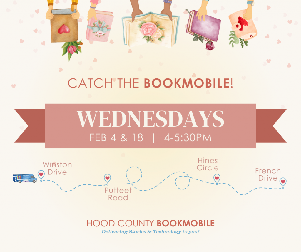 Catch the Bookmobile every other Wednesday!
On February 4th & 18th, 4-5:30PM.
ROUTE: Winston → Putteet → Hines → French
