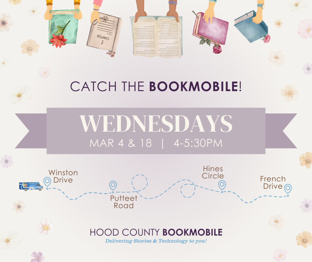 Catch the Bookmobile!
Every other Wednesday
March 4th and 18th
4pm to 5:30pm