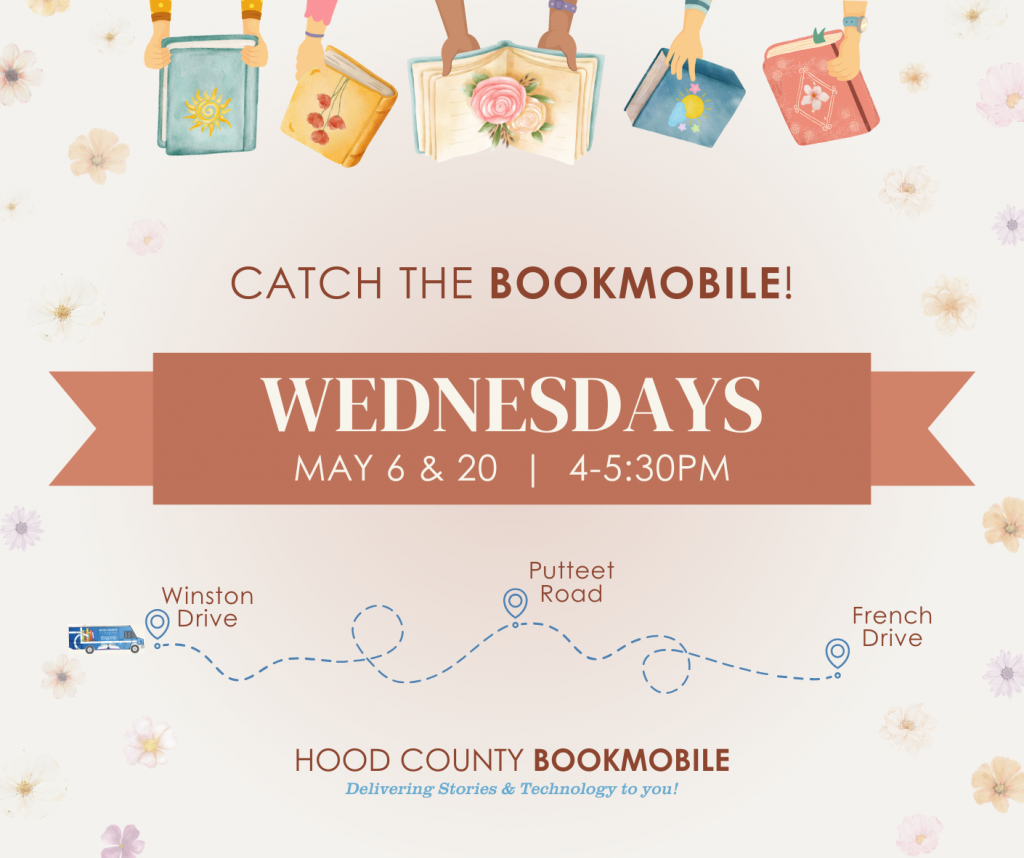Catch the Bookmobile!
May 6th and 20th | 4pm to 5:30pm

Every Other Wednesday
Winston Dr >> Putteet Rd >> French Dr