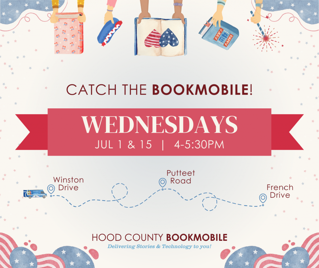 Catch the Bookmobile!
Every other Wednesday (July 1st & 15th)
4:00pm to 5:30pm
π: Winston Dr β Putteet Rd β French Dr
