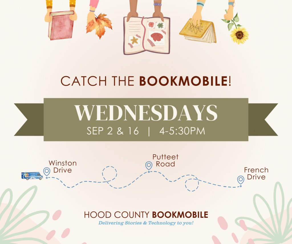 Catch the Bookmobile!
On 9/2 and 9/16 (Every other Wednesday)
4-5:30pm