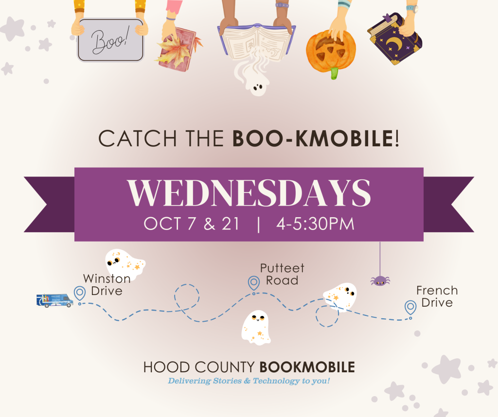 Catch the BOO-kmobile this October!
10/7 & 10/21
4pm to 5:30pm